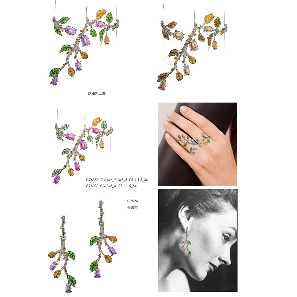 Ivy Ring with Berries in 925 Silver and Natural Stone