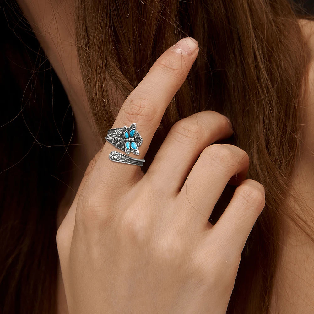 Anello Libellula in Argento Antico 925 e Turchese