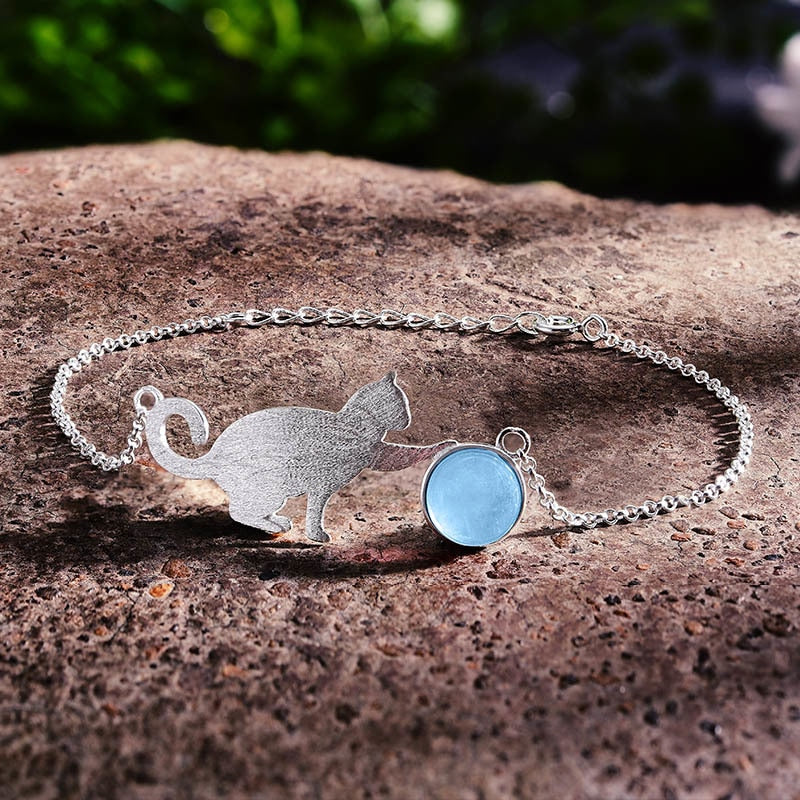 Bracciale Gatto in Argento 925 e Acquamarina - EkoWorld Jewels Bracciale