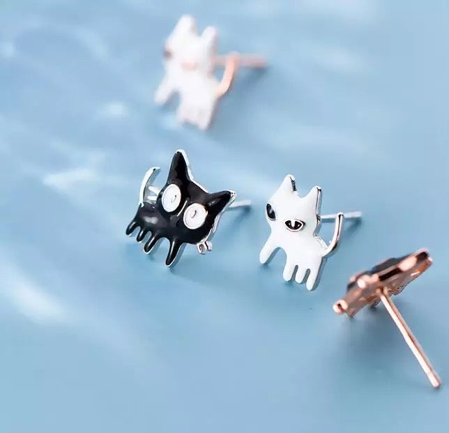 Orecchini Gatto Bianco e Nero in Argento 925 - EkoWorld Jewels Orecchini