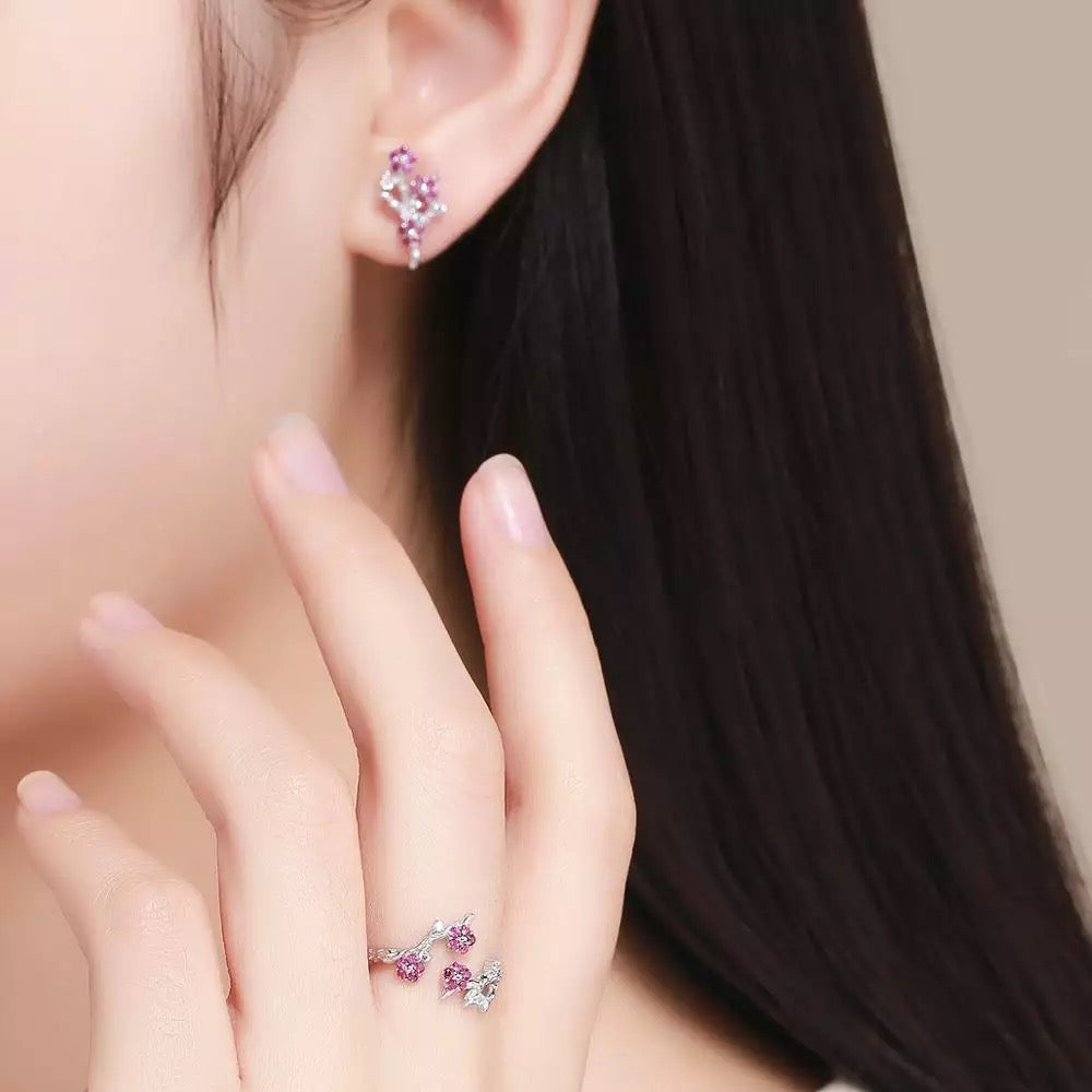 Set Anello + Orecchini Fiore di Prugna in Argento 925 e Zirconi - EkoWorld Jewels Set