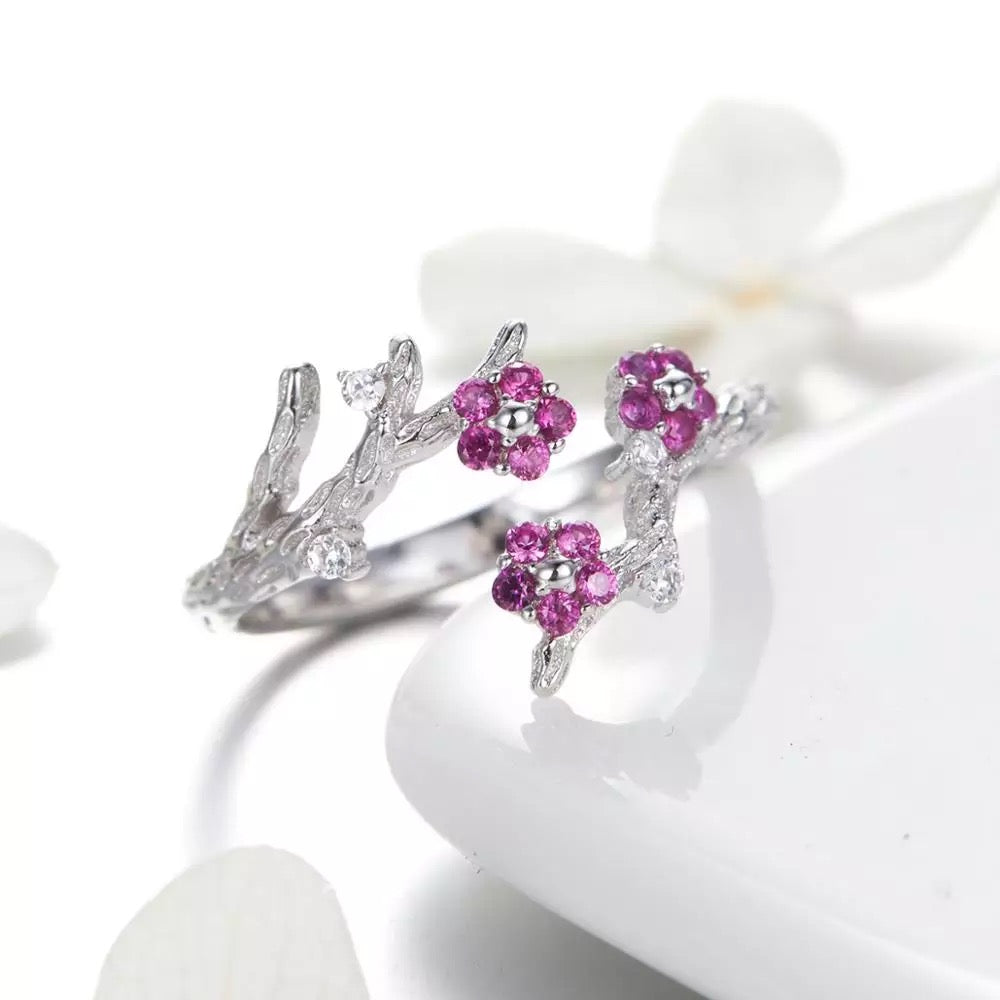 Anello Fiore di Prugna in Argento 925 e Zirconi - EkoWorld Jewels Anello