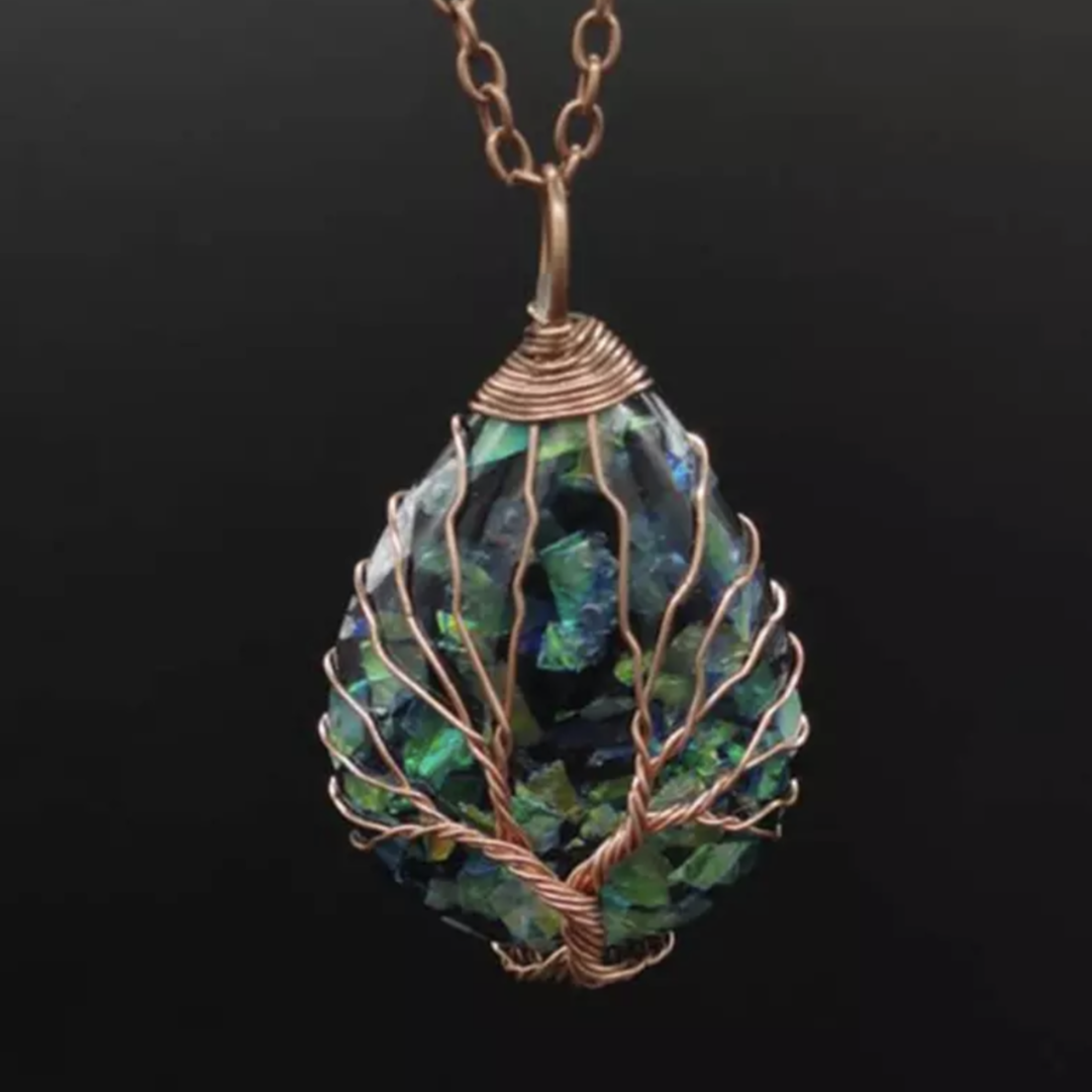 Albero della Vita in Rame e Resina Goccia d'acqua Verde - EkoWorld Jewels Collana