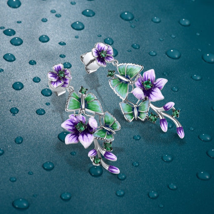 Orecchini Viola del pensiero con Farfalle in Argento 925 - EkoWorld Jewels Orecchini