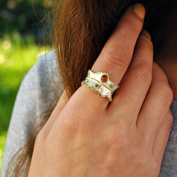 Anello foglia d'autunno in Argento 925 e Pietra Naturale - EkoWorld Jewels Anello