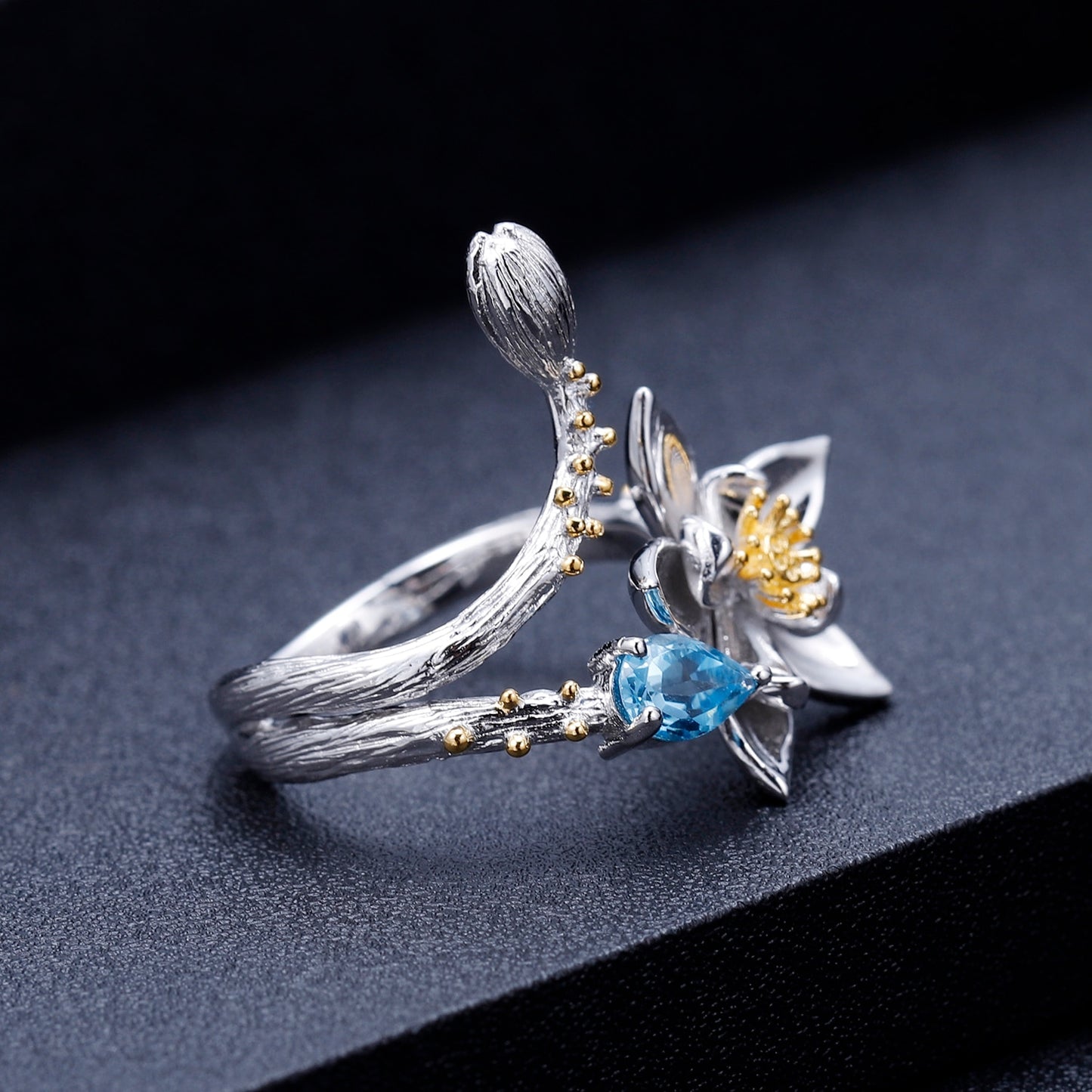 Lotus Flower Ring in 925 Silver and Natural Stone