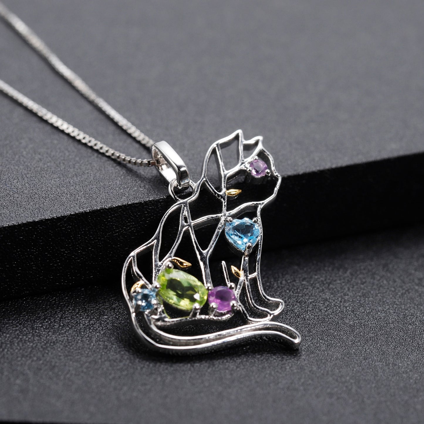 Cat Necklace in 925 Silver and Natural Stone