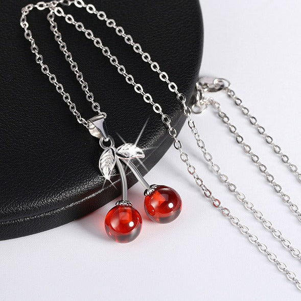 Cherries Necklace in 925 Silver and Red Agate