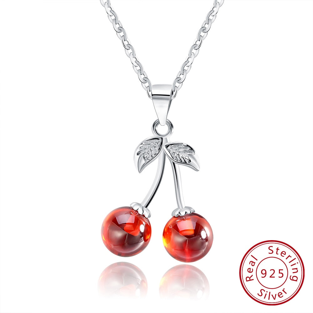 Cherries Necklace in 925 Silver and Red Agate