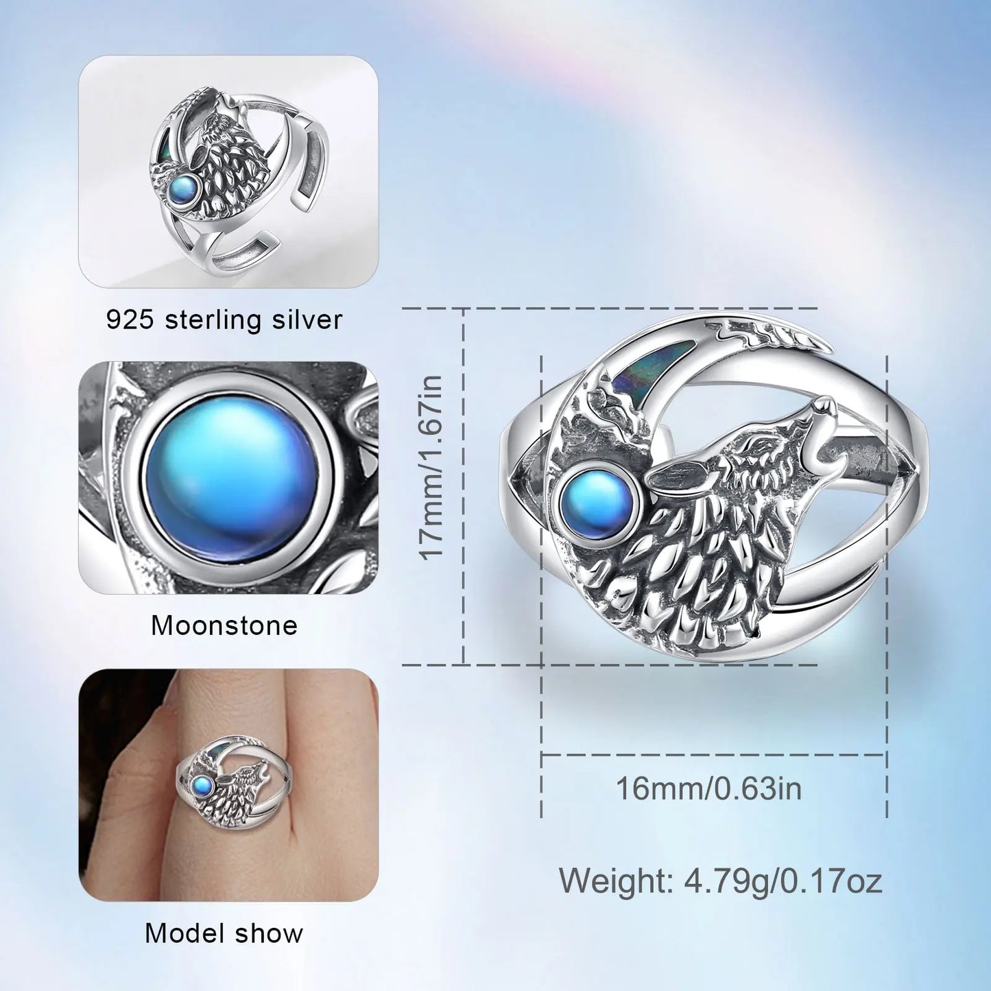 Anello Lupo in Argento 925 con Pietra di Luna