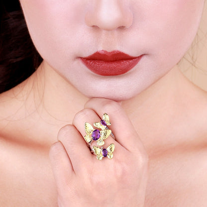 Butterfly Ring in 925 Silver, Gold and Natural Stone