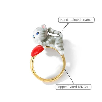 Cat Ring with Heart in Gold-plated Copper