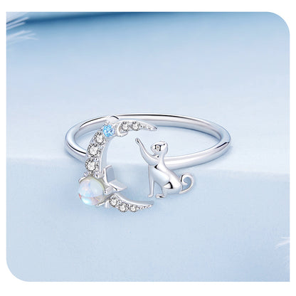 Cat Ring with Moon in 925 Silver and Moonstone