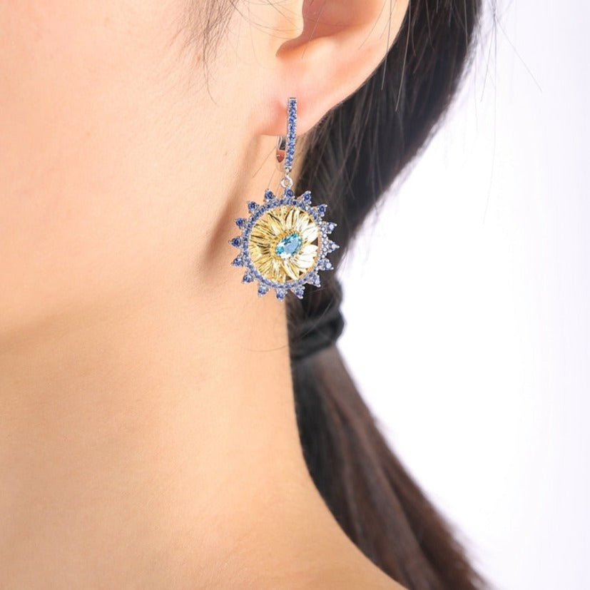 Sunflower Earrings in 925 Silver and Blue Topaz