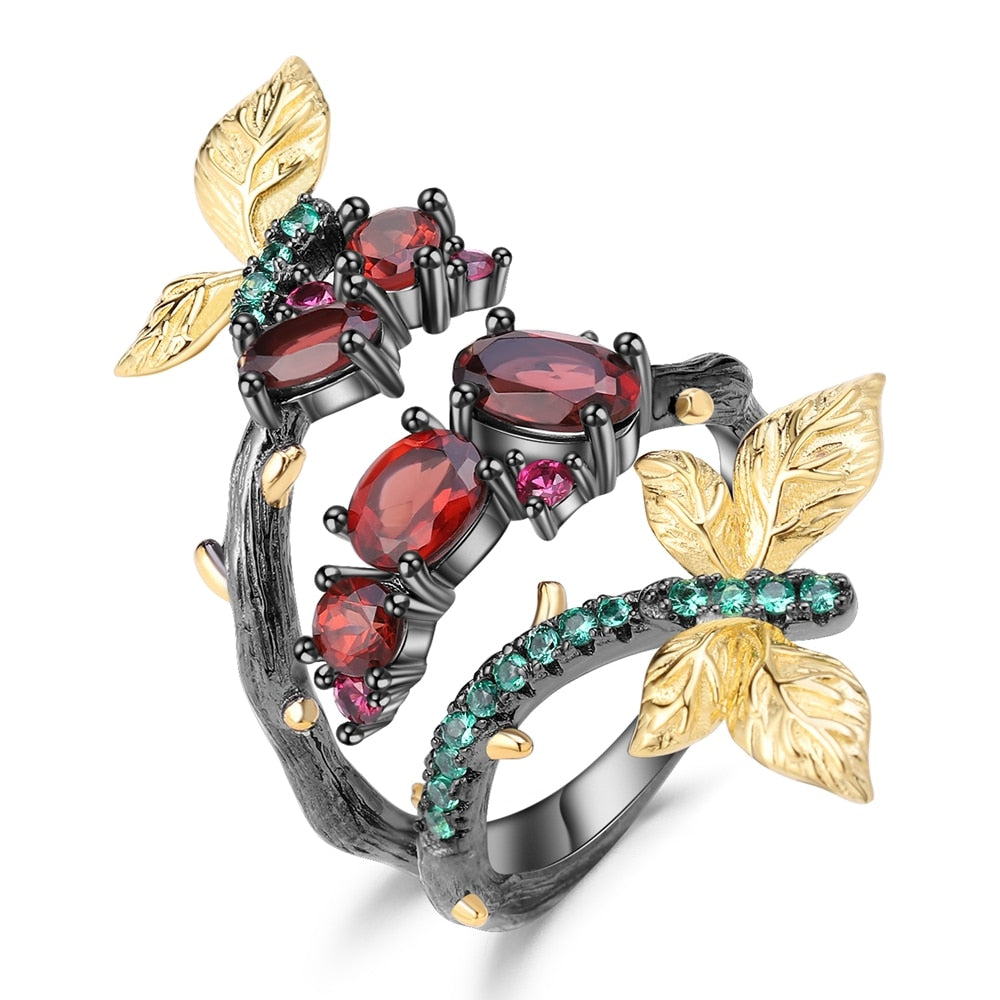 Butterflies on Flowers Ring in 925 Silver and Natural Stones