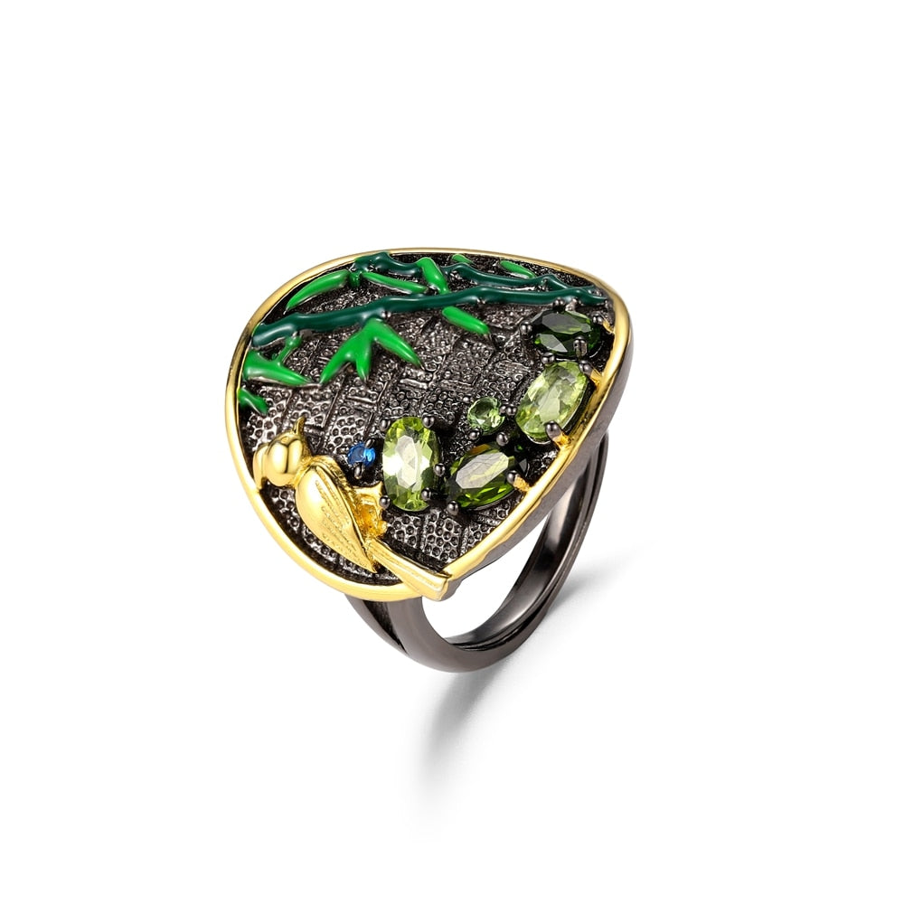 Oriole and Bamboo Ring in 925 Silver and Natural Stones