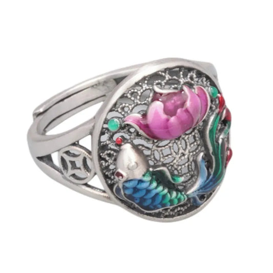 Lotus Flower Ring with Koi Carp in 925 Silver