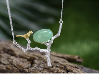 Birds on branch necklace in 925 silver and Aventurine