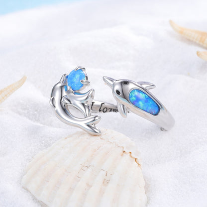 Dolphin Ring in 925 Silver and Opal Stone