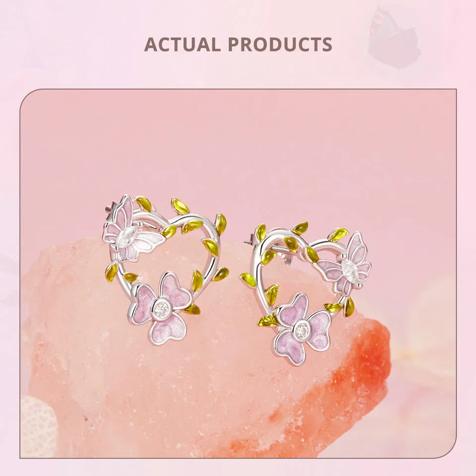 Butterfly with Flower Earrings in 925 Silver