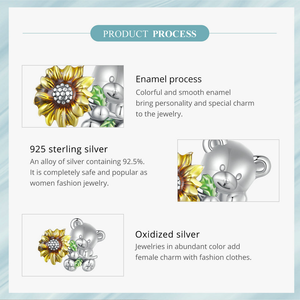 Sunflower Charm with Teddy Bear in 925 Silver