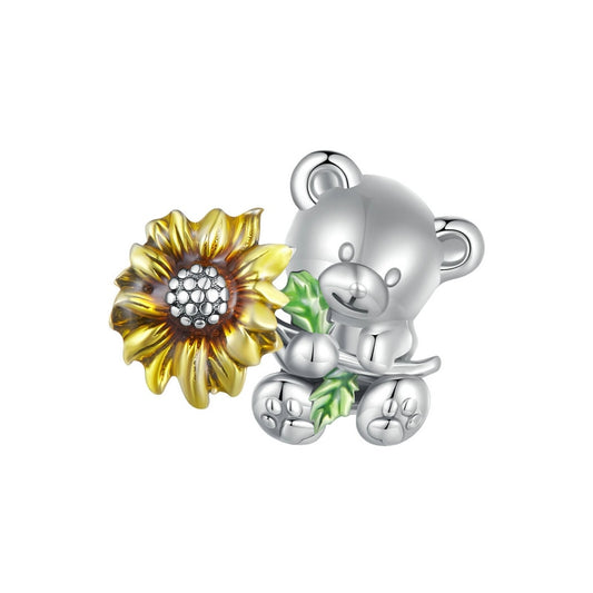 Sunflower Charm with Teddy Bear in 925 Silver