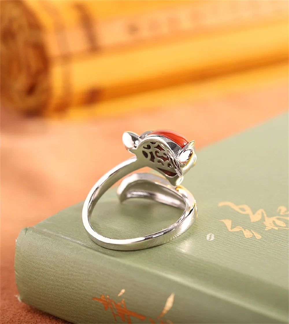 Fox Ring in 925 Silver and Natural Stone