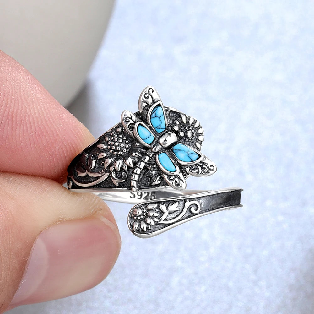 Dragonfly Ring in Antique Silver 925 and Turquoise