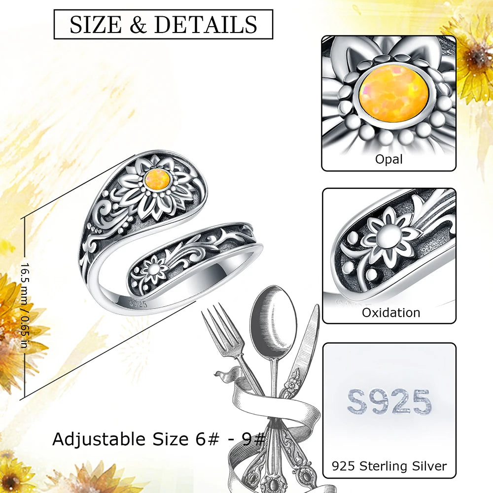 Sunflower Ring in Antique 925 Silver and Opal Stone