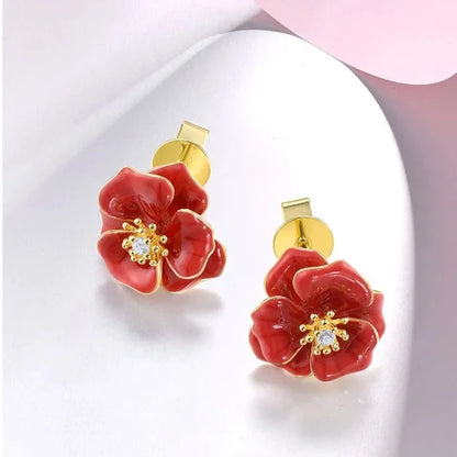 Red Hibiscus Earrings in 925 Silver