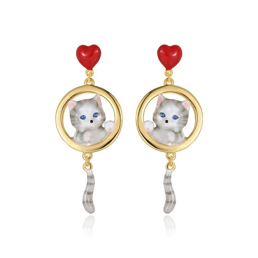Cat with Heart Earrings in 925 Silver