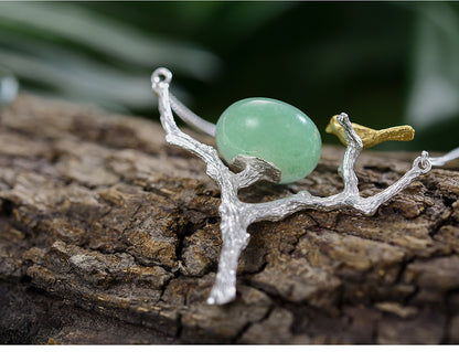 Birds on branch necklace in 925 silver and Aventurine