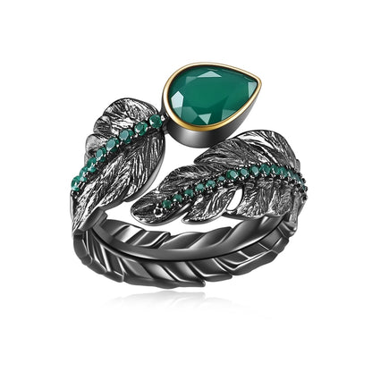 Feather Ring in 925 Silver and Natural Stone