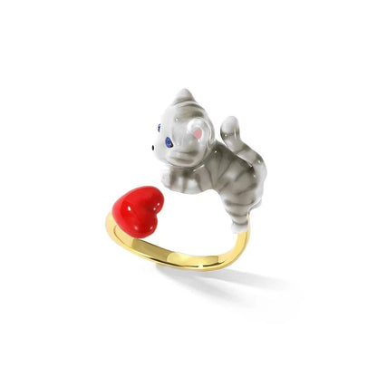 Cat Ring with Heart in Gold-plated Copper