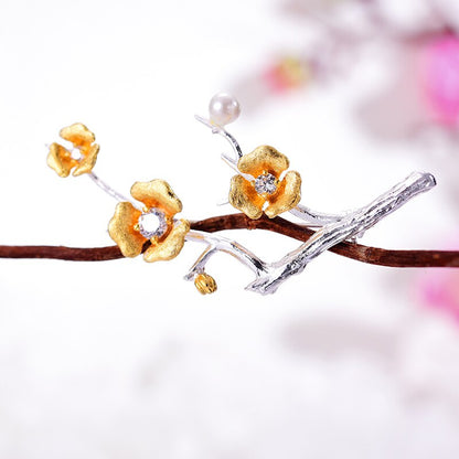 Plum Flower Brooch in 925 Silver and Zircons