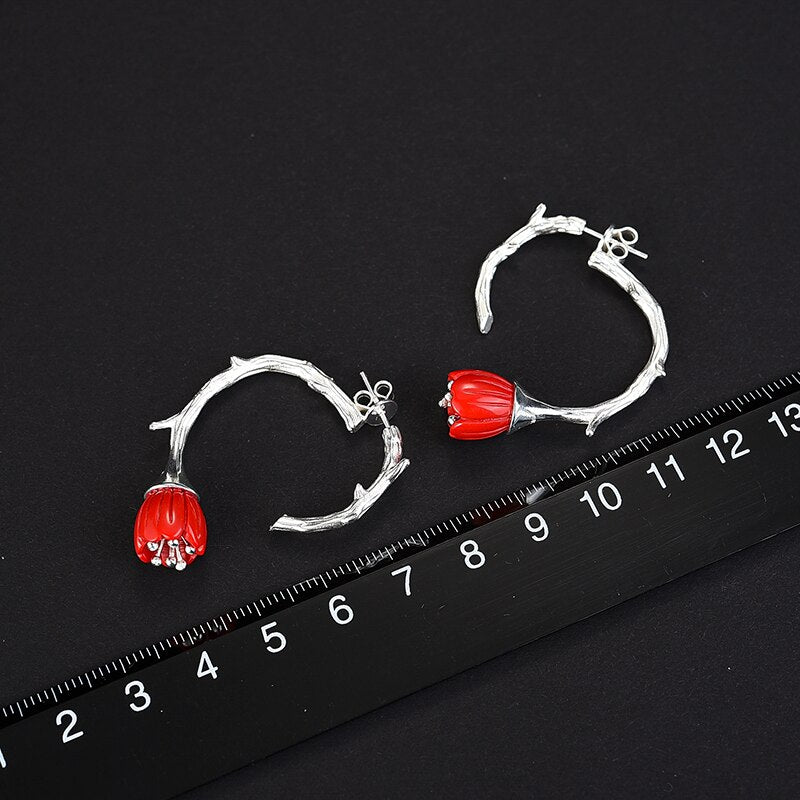 Lily of the Valley Earrings in 925 Silver and Red Coral