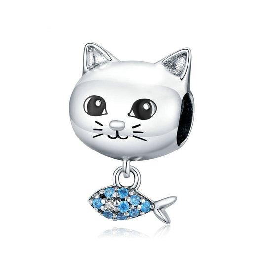 Charm Gatto con Pesce in Argento 925 e Zirconi - EkoWorld Jewels Charm