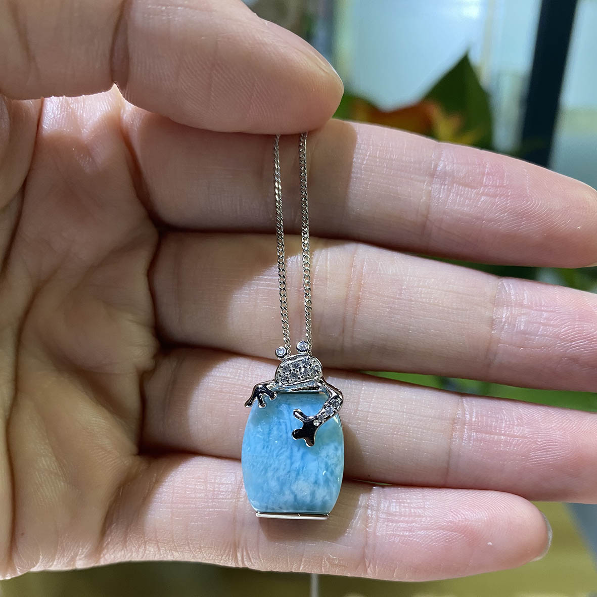 Frog Necklace in 925 Silver, Larimar and Zircons