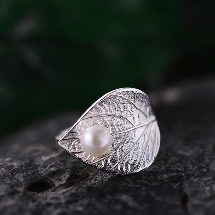 Anello foglia d'autunno in Argento 925 e Perla Naturale - EkoWorld Jewels Anello