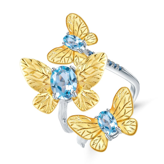 Butterfly Ring in 925 Silver, Gold and Natural Stone