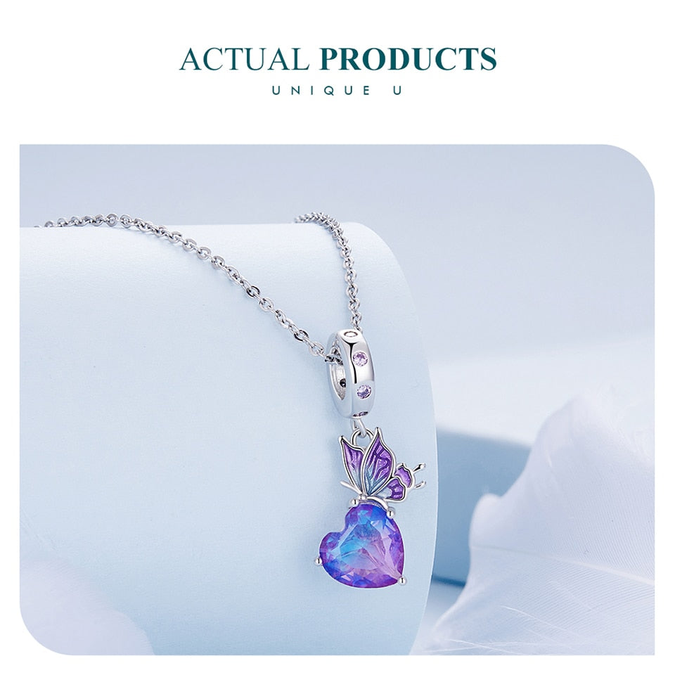 Butterfly Charm with Heart in 925 Silver and Zircons