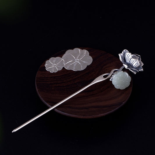 Fermacapelli Fiore di Loto in Argento 925 e Giada - EkoWorld Jewels