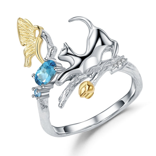 Cat Ring with Butterfly in 925 Silver and Natural Stone
