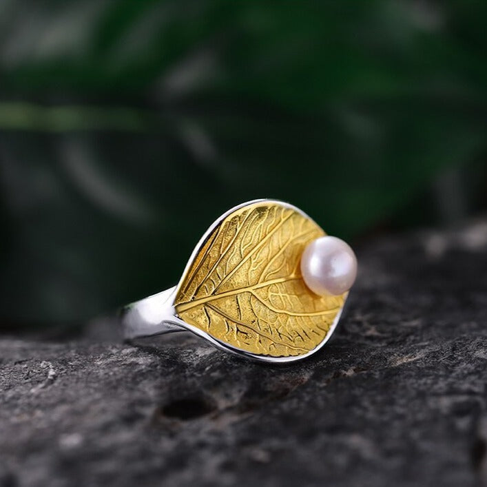 Anello foglia d'autunno in Argento 925 e Perla Naturale - EkoWorld Jewels Anello