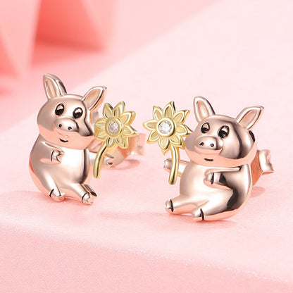Piglet Earrings with Sunflower in 925 Silver