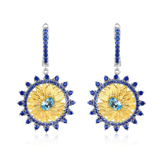 Sunflower Earrings in 925 Silver and Blue Topaz