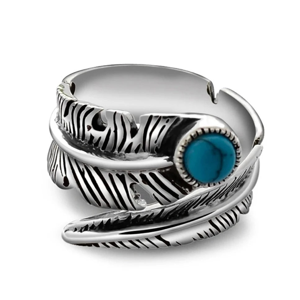 Feather Ring with Turquoise in Antique Silver 925