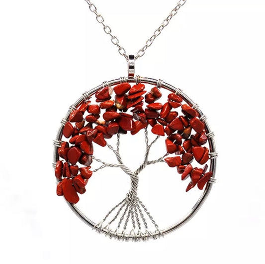 Albero della Vita in Acciaio e Pietre Rosse - EkoWorld Jewels Collana