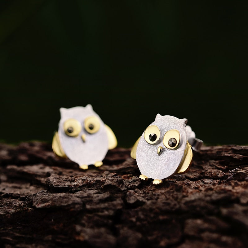 Owl Earrings in 925 Silver and Gold