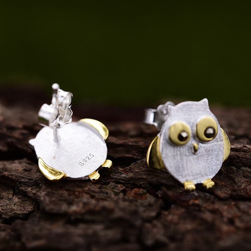 Owl Earrings in 925 Silver and Gold